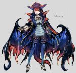  1girl black_hair claws eyebrows_visible_through_hair grey_background katagiri_hachigou long_hair monster_hunter multicolored multicolored_hair namielle parted_lips personification redhead simple_background smile solo standing tail teeth very_long_hair wings yellow_eyes 