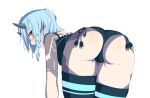  1girl ass blue_hair blush highres horns io_(pso2) light_blue_hair looking_at_viewer ofudou open_mouth phantasy_star phantasy_star_online_2 short_hair simple_background solo tattoo thigh-highs white_background yellow_eyes 