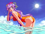  1990s_(style) 1girl artist_request ass bent_over dancing_blade day dripping hand_on_own_thigh hand_to_head long_hair momohime_(dancing_blade) official_art one-piece_swimsuit open_mouth orange_swimsuit outdoors purple_hair solo sun swimsuit violet_eyes wading water wet 