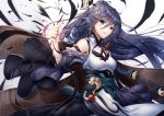  1girl blue_eyes blue_hair china_dress chinese_clothes clenched_hand cloud_print commentary_request cowboy_shot dress ekusufeito fu_hua fu_hua_(azure_empyrea) hair_between_eyes hair_ornament hairpin honkai_(series) honkai_impact_3rd ink long_hair looking_at_viewer obi pleated_sleeves sash shoulder_cutout signature solo very_long_hair wide_sleeves wind 