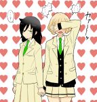  2girls black_hair blazer brown_hair bush hand_on_own_face holding_hands jacket kuroki_tomoko long_hair multiple_girls necktie short_hair uchi_emiri watashi_ga_motenai_no_wa_dou_kangaetemo_omaera_ga_warui! 