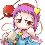  1girl avatar_icon blouse blush chamaji clenched_hand close-up coffee_mug commentary_request cup eyebrows_visible_through_hair frills hand_on_own_cheek headband heart holding holding_cup jitome komeiji_satori long_sleeves looking_at_viewer lowres mug partial_commentary pink_hair raised_eyebrows red_eyes short_hair signature simple_background solo string third_eye touhou upper_body white_background wide_sleeves 
