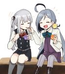  2girls ahoge aqua_neckwear bangs black_dress blush boots closed_eyes cross-laced_footwear dress eating eyebrows_visible_through_hair feeding food grey_hair hair_ribbon holding holding_food holding_spoon jacket kantai_collection kasumi_(kantai_collection) kiyoshimo_(kantai_collection) lace-up_boots long_hair long_sleeves multicolored_hair multiple_girls open_mouth pinafore_dress ponytail purple_dress remodel_(kantai_collection) ribbon shirt side_ponytail simple_background sitting spica1476 spoon sweat two-tone_hair white_background white_jacket white_shirt 