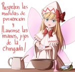  1girl blonde_hair blue_eyes bow bowl capelet commentary_request cowboy_shot dress eyebrows_visible_through_hair fairy fairy_wings hair_bow handle hat highres kettle leaf lily_white long_hair looking_at_viewer mefomefo open_mouth sash simple_background soap solo spanish_commentary spanish_text touhou towel translation_request washing washing_hands white_background white_dress wide_sleeves wings 