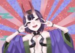  1girl absurdres artist_request bangs bare_shoulders blue_background blush bob_cut breasts collarbone double_v egasumi emotional_engine_-_full_drive eyeliner fangs fate/grand_order fate_(series) floral_background hands_up head_tilt headpiece highres horns japanese_clothes kimono long_sleeves looking_at_viewer makeup off_shoulder oni oni_horns open_clothes open_kimono open_mouth parody pink_background purple_hair purple_kimono revealing_clothes short_eyebrows short_hair shuten_douji_(fate/grand_order) skin-covered_horns small_breasts smile solo sparkle striped striped_background v violet_eyes wide_sleeves 