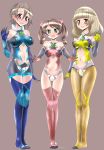  3girls andou_kuriyo bare_shoulders blonde_hair blush bodysuit breasts brown_hair green_eyes highres hinoki_(neko_irazu) itaba_yumi large_breasts leotard long_hair looking_at_viewer medium_breasts multiple_girls navel navel_cutout red_eyes senki_zesshou_symphogear shiny shiny_hair shiny_skin short_hair simple_background standing terashima_shiori thigh-highs 