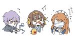  3girls asahina_mikuru brown_eyes brown_hair chibi coronavirus cup foam grey_eyes hairband highres kuuma25_kuma long_hair mask mouth_mask multiple_girls nagato_yuki orange_hair rinsing sailor_collar school_uniform short_hair silver_hair surgical_mask suzumiya_haruhi suzumiya_haruhi_no_yuuutsu washing_hands water 