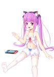 1girl absurdres animal_ear_fluff animal_ears bangs bare_shoulders blue_hair blush breasts cat_ears collarbone commentary_request eyebrows_visible_through_hair fake_animal_ears hair_ornament hair_ribbon highres hololive long_hair looking_at_viewer minato_aqua multicolored_hair navel nintendo_switch no_shoes open_mouth purple_hair ribbon shu_pian small_breasts smile solo thigh-highs twintails two-tone_hair upper_teeth violet_eyes virtual_youtuber white_legwear 