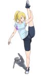  1girl ayase_eli bike_shorts blonde_hair breasts closed_mouth commentary highres leg_lift love_live! love_live!_school_idol_project short_hair simple_background solo split standing standing_on_one_leg standing_split turiganesou800 white_background 
