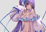  1girl absurdres bangs bare_shoulders bikini blue_eyes blue_ribbon blush breasts collarbone earrings fate/grand_order fate_(series) frilled_bikini frills grey_background hair_ribbon highres jewelry long_hair looking_at_viewer meltryllis meltryllis_(swimsuit_lancer)_(fate) navel parted_lips puffy_sleeves purple_hair ribbon side_ponytail simple_background sleeves_past_fingers sleeves_past_wrists small_breasts solo sparkle swimsuit very_long_hair white_bikini yusuli- 