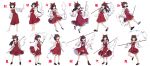  1girl absurdres ascot bare_shoulders boots brown_hair detached_sleeves gohei hair_tubes hakurei_reimu highres japanese_clothes leon_(mikiri_hassha) mary_janes miko multiple_views red_eyes shoes smile socks standing standing_on_one_leg touhou white_background wide_sleeves wind wind_lift 