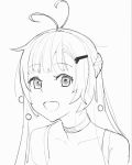  1girl :d antenna_hair bare_shoulders braid choker copyright_request dan_evan eyebrows_visible_through_hair greyscale hair_ornament hairclip long_hair looking_at_viewer monochrome open_mouth smile solo upper_body white_background 