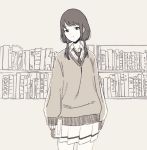  1girl black_hair bookshelf cardigan expressionless highres low_twintails monochrome necktie solo tamura_yuri twintails watashi_ga_motenai_no_wa_dou_kangaetemo_omaera_ga_warui! 