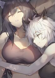  2girls ^_^ absurdres animal_ear_fluff animal_ears antenna_hair arknights bangs bare_arms bare_shoulders black_hair breasts closed_eyes collarbone crop_top dated eyebrows_visible_through_hair hair_between_eyes highres hug lappland_(arknights) large_breasts long_hair midriff multiple_girls parted_lips scar scar_across_eye silver_hair texas_(arknights) upper_body wolf_ears yumero yuri 