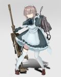  1girl alternate_costume anti-materiel_rifle apron backpack bag bangs blue_dress blue_neckwear bolt_action brown_hair cheytac_m200 collared_dress commentary_request dress enmaided frilled_apron frilled_skirt frills full_body girls_frontline gradient gradient_background gun hair_ribbon headset highres holding holding_gun holding_weapon holster m200_(girls_frontline) maid maid_headdress mary_janes no_gloves off_shoulder oxyuno0718 pink_eyes ribbon rifle scope shadow shoes sidelocks skirt sniper_rifle solo sweatdrop thigh-highs thigh_holster weapon white_legwear 