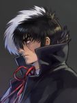  1boy black_coat black_hair black_jack_(character) black_jack_(series) brown_eyes closed_mouth coat grey_background highres male_focus multicolored multicolored_hair red_neckwear red_ribbon ribbon scar simple_background solo uncle_rabbit_ii white_hair 