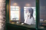  1girl :| bangs bare_shoulders black_hair chin_rest closed_mouth coffee coffee_shop eyebrows_visible_through_hair grey_eyes hand_on_own_chin highres long_hair magia_record:_mahou_shoujo_madoka_magica_gaiden mahou_shoujo_madoka_magica nanami_yachiyo off_shoulder pasta_spaghetti phone plant potted_plant scenery shirt sitting solo 