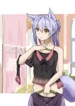  1girl :&lt; absurdres animal_ears arknights bangs bare_arms bare_shoulders black_shirt chinese_commentary clothes_hanger commentary_request cowboy_shot eyebrows_visible_through_hair hair_between_eyes highres holding_clothes long_sleeves panties pink_panties provence_(arknights) purple_hair senmiao shirt short_hair solo standing tail underwear wolf_ears wolf_tail yellow_eyes 