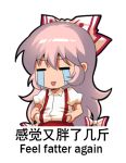  1girl :d =_= bangs belly_grab bow chinese_commentary chinese_text closed_eyes commentary_request crying english_text eyebrows_visible_through_hair fujiwara_no_mokou hair_between_eyes hair_bow long_hair lowres open_mouth pants pink_hair puffy_short_sleeves puffy_sleeves red_pants shangguan_feiying shirt short_sleeves sidelocks simple_background smile solo streaming_tears suspenders tears touhou upper_body very_long_hair white_background white_bow white_shirt 