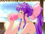  1990s_(style) 1girl artist_request bow closed_eyes dancing_blade day food fruit hair_bow huge_bow kiss long_hair momohime_(dancing_blade) object_kiss object_namesake outdoors peach pink_bow ponytail profile purple_hair sidelocks solo spaghetti_strap swimsuit upper_body 