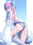  1girl absurdres artist_request ass bangs bare_shoulders blue_background blue_eyes blue_ribbon blue_swimsuit blush border breasts fate/grand_order fate_(series) frills gradient gradient_background hair_ribbon highleg highleg_swimsuit highres long_hair looking_at_viewer looking_back meltryllis meltryllis_(swimsuit_lancer)_(fate) off-shoulder_swimsuit one-piece_swimsuit puffy_sleeves purple_hair ribbon sleeves_past_fingers sleeves_past_wrists small_breasts solo swimsuit thighs very_long_hair white_border 