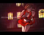  1girl bare_shoulders blurry blurry_background brown_hair collar commentary cowboy_shot crop_top jewelry meiko midriff miniskirt necklace night red_eyes red_shirt red_skirt running shirt short_hair skirt solo song_name vocaloid window wristband yen-mi 