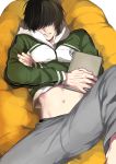  1boy black_hair book crossed_arms green_jacket hair_over_eyes highres holding holding_book hood hooded_jacket jacket kuwana_gou_(touken_ranbu) layered_clothing male_focus navel open_mouth shinozaki_kyouko smile solo stomach touken_ranbu 