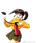  1990s_(style) 1996 1girl black_eyes braid brown_hair copyright cowboy_shot dated fire_hydrant green_skirt holding long_hair long_sleeves open_mouth pc_engine_fan simple_background skirt solo spraying sweater takada_akemi turtleneck twin_braids twintails white_background wince yellow_sweater 