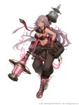  1girl absurdres bag blue_eyes boots breasts cinderella_(sinoalice) cross-laced_footwear dark_skin full_body gas_mask gloves grin hair_over_one_eye hand_on_hip highres ji_no jumpsuit jumpsuit_around_waist large_breasts lavender_hair long_hair looking_at_viewer low_ponytail mask_around_neck navel official_art sinoalice smile solo square_enix staff very_long_hair white_background 