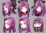 1girl :d :o :t bangs black_bow black_gloves black_leotard blush blush_stickers bow chibi closed_mouth collar commentary_request eyebrows_visible_through_hair fate/grand_order fate_(series) forehead gloves grey_background hair_bow headpiece leotard long_hair looking_at_viewer looking_away medusa_(lancer)_(fate) minami_koyogi multiple_views open_mouth parted_bangs ponytail pout purple_hair red_collar rider riyo_(lyomsnpmp)_(style) simple_background smile vambraces violet_eyes 