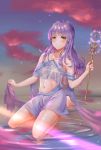  1girl breasts brown_eyes highres kneeling linsuan_er_qing_an long_hair looking_at_viewer medium_breasts nail_polish navel night original purple_hair solo wand 