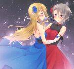  2girls alternate_costume ange_(princess_principal) blonde_hair blue_dress blue_eyes blush couple dancing dress happy holding_hands interlocked_fingers long_hair multiple_girls princess_(princess_principal) princess_principal red_dress short_hair silver_hair simple_background sk02 smile tears yuri 