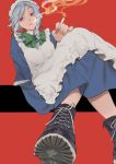  1girl absurdres apron arm_support boots bow braid green_bow grey_hair highres izayoi_sakuya maid maid_apron maid_headdress mi_ri_000 open_mouth red_background short_braid short_hair sidelocks smoking solo touhou twin_braids 