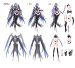  1girl absurdres bare_shoulders blue_hair blue_wings breasts claws detached_sleeves highleg highres large_breasts long_hair mecha_musume multiple_wings navel punishing:_gray_raven see-through sheath sheathed simple_background sketch skindentation solo tattoo tsuki_no_i-min wings 