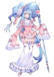  1girl bare_shoulders black_sclera blue_hair blue_headwear blush bow dress eyebrows_visible_through_hair frills garter_straps hatterene katagiri_hachigou large_hat long_hair long_sleeves multicolored multicolored_hair open_mouth pink_bow pink_hair pokemon simple_background smile solo standing thigh-highs very_long_hair white_background white_dress white_eyes white_legwear 