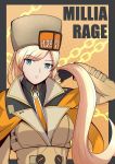  1girl bangs blonde_hair blue_eyes breasts capelet character_name chizzy coat fingerless_gloves fur_hat gloves guilty_gear guilty_gear_strive hat jacket long_hair looking_at_viewer medium_breasts millia_rage orange_headwear parted_bangs prehensile_hair solo ushanka very_long_hair 