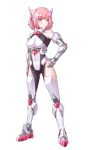  01314 1girl arm_at_side bare_shoulders breasts commentary_request covered_navel eyebrows_visible_through_hair full_body hand_on_hip headgear looking_at_viewer mecha_musume medium_breasts original pink_eyes pink_hair shoulder_cutout solo white_background 