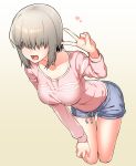  1girl :d breasts collarbone commentary_request covered_eyes cropped_legs facing_viewer fang grey_hair hair_over_eyes hand_on_own_knee hand_up heart leaning_forward long_sleeves medium_breasts open_mouth pink_shirt shirt short_hair short_shorts shorts smile solo teeth tsukinami_kousuke uzaki-chan_wa_asobitai! uzaki_yanagi v 