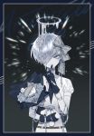  1other androgynous antarcticite bangs belt black_gloves black_neckwear border bouquet character_name closed_mouth commentary dripping finger_to_mouth flower gem_uniform_(houseki_no_kuni) gloves grey_eyes grey_flower grey_ribbon hair_ribbon halo highres holding houseki_no_kuni index_finger_raised lace lace-trimmed_ribbon lace_trim looking_at_viewer minjye necktie one_eye_covered puffy_short_sleeves puffy_sleeves ribbon short_hair short_sleeves shushing silver_hair simple_background smile solo sparkle stuffed_animal stuffed_toy teddy_bear 