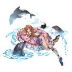  1girl armlet ass bikini blue_eyes bracelet braid brown_hair bubble derivative_work dolphin granblue_fantasy hat jewelry lecia_(granblue_fantasy) long_hair minaba_hideo official_art peaked_cap sandals simple_background swimsuit third-party_edit water 