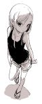  1girl absurdres bangs bare_arms bare_shoulders closed_mouth collarbone commentary_request eyebrows_visible_through_hair full_body greyscale hair_ornament hairclip highres long_hair monochrome original sandals shadow short_shorts shorts sketch solo standing standing_on_one_leg swept_bangs tank_top white_background yamamoto_souichirou 