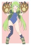  1girl :d absurdres animal_ears animare asymmetrical_legwear bear_ears bear_paws boots bow breasts copyright_request covered_navel donguri_suzume full_body gloves green_bow green_eyes green_footwear green_hair green_jacket hair_bow hairband hands_up heart heart_in_mouth highres hinokuma_ran jacket long_hair looking_at_viewer medium_breasts one-piece_swimsuit open_clothes open_jacket open_mouth paw_gloves paws short_sleeves sidelocks single_sock single_thighhigh smile socks solo swimsuit thigh-highs twintails very_long_hair virtual_youtuber 