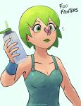  1girl absurdres bottle bracer bug butterfly butterfly_on_nose collarbone cross-eyed english_text foo_fighters green_eyes green_hair green_lipstick highres holding holding_bottle insect jojo_no_kimyou_na_bouken lipstick makeup overalls short_hair signature solo squid2corn stone_ocean tongue water_bottle 