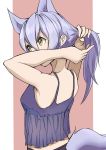  1girl absurdres animal_ears arknights arms_up bangs bare_arms bare_shoulders breasts camisole chinese_commentary commentary_request from_behind hair_between_eyes head_tilt highres long_hair medium_breasts midriff_peek pink_background provence_(arknights) purple_hair senmiao solo spaghetti_strap tail two-tone_background tying_hair upper_body white_background wolf_ears wolf_tail yellow_eyes 