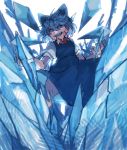  1girl blue_bow blue_dress blue_eyes blue_hair blue_theme bow cirno detached_wings dress grin hair_bow hands_up highres ice ice_wings looking_at_viewer neck_ribbon prat_rat red_neckwear ribbon shirt short_sleeves smile solo touhou white_background white_shirt wings 