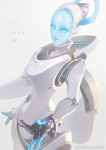  1girl absurdres blue_eyes character_name echo_(overwatch) eito_nishikawa facial_mark forehead_mark highres hologram lips looking_at_viewer mechanical_halo no_nipples outstretched_hand overwatch robot robot_joints solo 