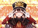  1boy artist_request bangs black_cape black_hair black_headwear blush cape closed_eyes coat double_v egasumi emotional_engine_-_full_drive family_crest fate/grand_order fate_(series) gloves hands_up hat jewelry koha-ace long_hair long_sleeves low_ponytail necklace oda_nobukatsu_(fate/grand_order) oda_uri open_mouth orange_background parody peaked_cap red_coat sidelocks smile solo sparkle v white_gloves yellow_background 