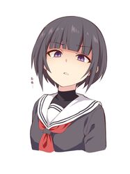  1girl bangs black_hair black_shirt covered_collarbone cropped_torso eyebrows_visible_through_hair idolmaster idolmaster_cinderella_girls looking_at_viewer parted_lips red_neckwear sailor_collar school_uniform serafuku shaded_face shirayuki_chiyo shirt short_hair simple_background solo translation_request upper_body ushi violet_eyes white_background white_sailor_collar 