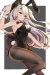  1girl absurdres animal_ears antenna_hair armpits azur_lane bangs bare_shoulders black_legwear blush breasts bunny_girl bunny_tail bunnysuit detached_collar eyebrows_visible_through_hair fake_animal_ears highres large_breasts long_hair looking_at_viewer multicolored_hair open_mouth pantyhose prinz_eugen_(azur_lane) rabbit_ears redhead silver_hair solo streaked_hair tail thighs two_side_up very_long_hair yukineko1018 