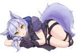  1girl absurdres animal_ears arknights bangs black_gloves black_vest commentary eyebrows_visible_through_hair gloves hair_between_eyes high_collar highres long_hair looking_at_viewer lying on_side panties parted_lips pink_panties provence_(arknights) puffy_short_sleeves puffy_sleeves purple_hair purple_shirt senmiao shirt short_sleeves simple_background solo thigh_strap thighs underwear vest white_background wolf_ears yellow_eyes 